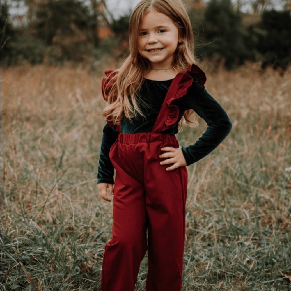 Velvet Green and Red Ruffle Outfit
